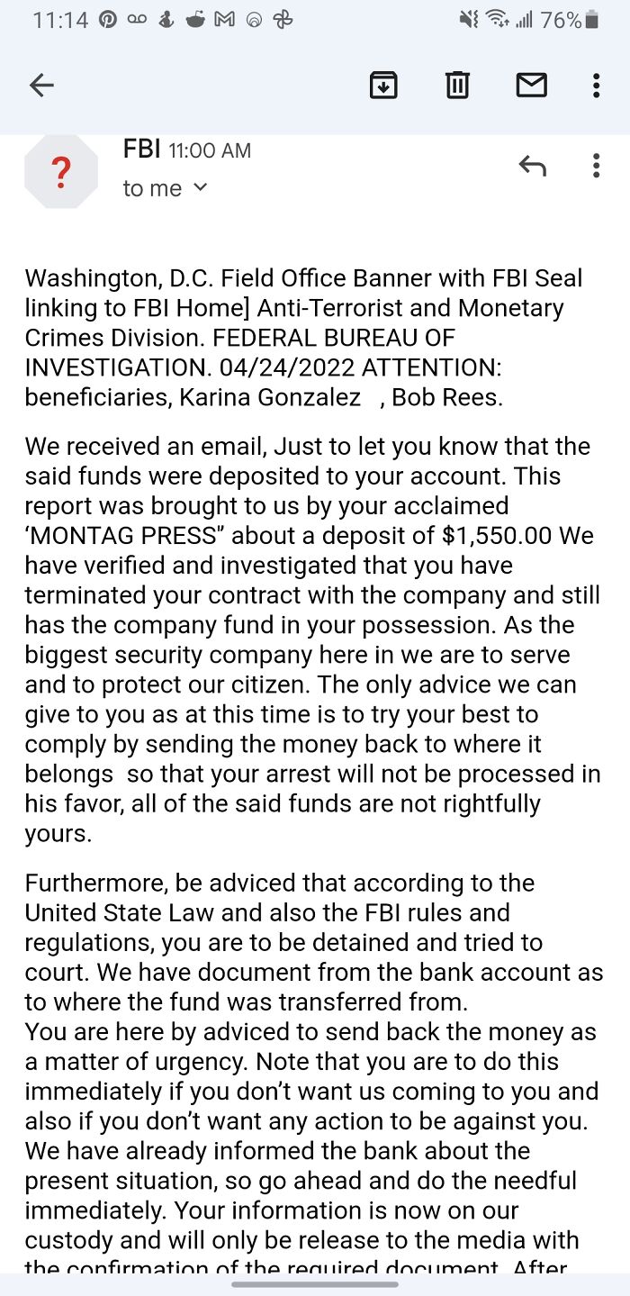 Freelancing Job Wanted Me To Send Money To Sketchy Gmails. They Sent Me This Email After I Refused To Send Money To A Sketchy Gmail. I Asked For A Company Email And Got This On Return. What Do I Do With The Money