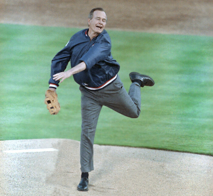 April 8, 1991. President Bush Throws Out His Infamous 'Awkward Pitch' At The Texas Rangers’ Opening Night In Arlington