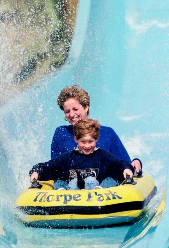 April 18, 1992. Princess Diana And Prince Harry Ride A Water Slide At Thorpe Park