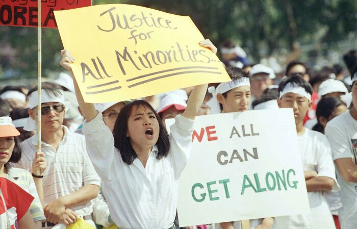May 2, 1992. 30,000 People Attend A Peace Rally In Los Angeles' Koreatown To Support Local Merchants And Racial Healing