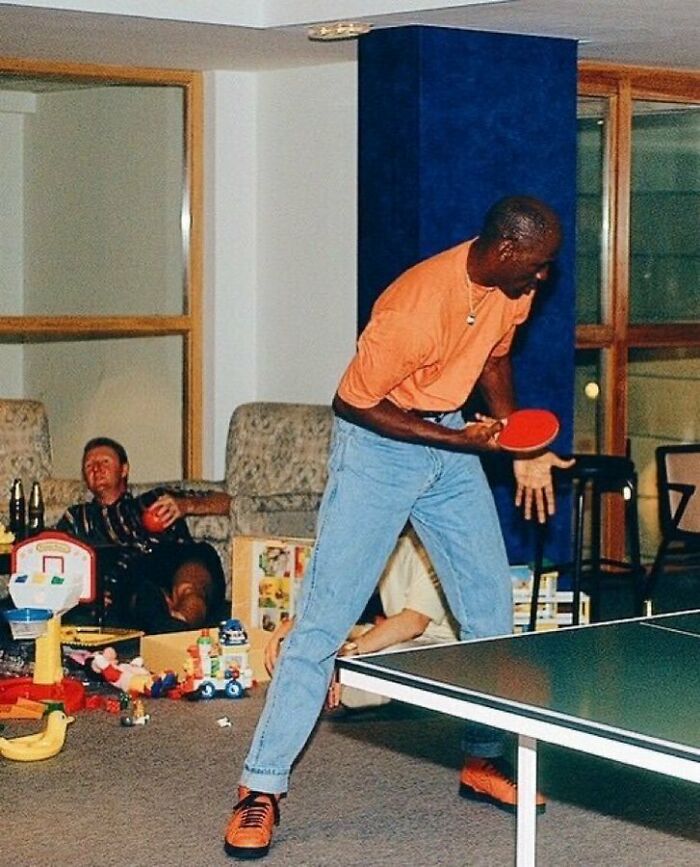 Michael Jordan Plays Ping Pong While Larry Bird Gets Drunk, Taken During The 92 Olympics