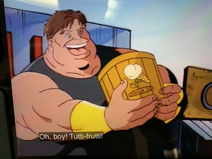 In The Cartoon Series X-Men (1992), Season 2 Ep 9, The Blob Exclaims “Oh Boy! Tutti-Frutti!” While Eating From An Ice Cream Tub Labeled “Vanilla”