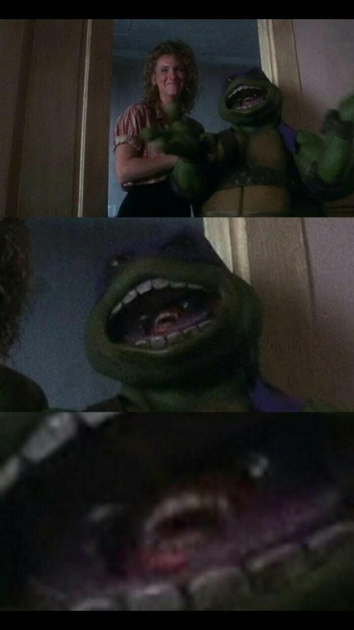 In Teenage Mutant Ninja Turtles (1990), There Is A Shot Where You Can See The Actor's Mouth Inside Of The Suit