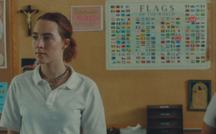 Lady Bird, Set In 2002 But On The Wall You Can See Flags Of Serbia, And Montenegro ( In 2002, Serbia And Montenegro Were One Country, Federal Republic Of Yugoslavia Until 2003). Also You Can See Flag Of South Sudan( Declared Independence In 2011) Fun Fact: I Am From Serbia
