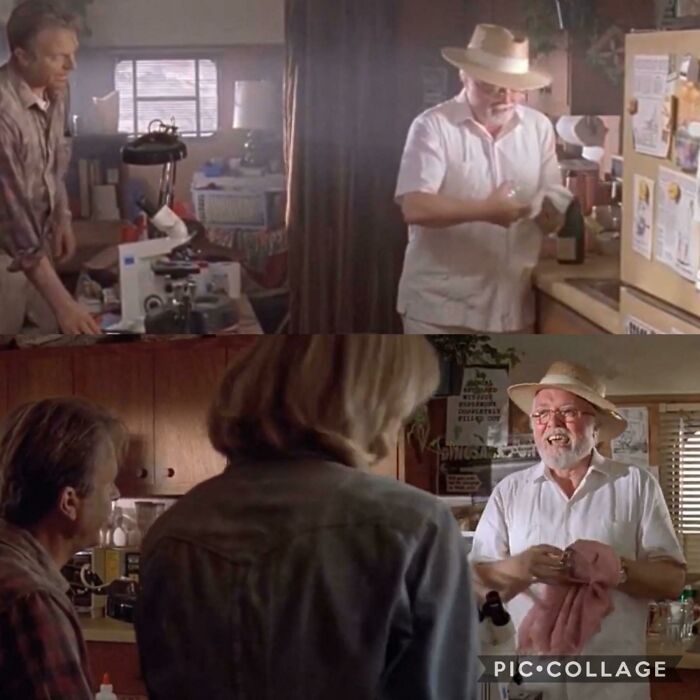 Jurassic Park, When John Hammond Is Cleaning A Glass Before Pouring Champagne, The Towel He Is Using To Dry The Glass Magically Switches From White To Pink In The Next Shot