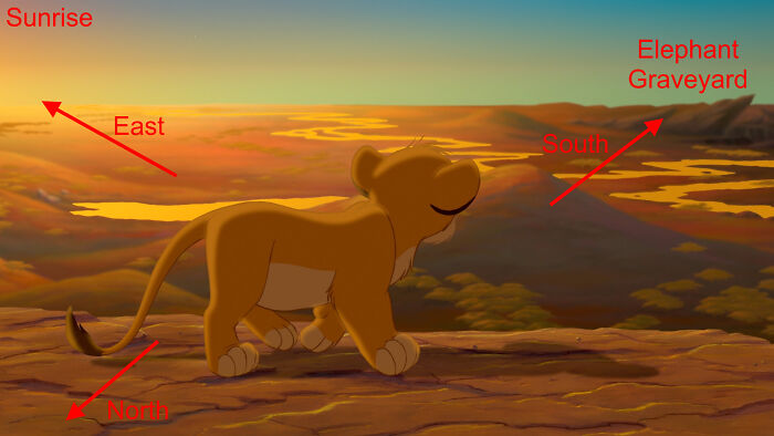 In The Lion King (1994) Scar Asks Simba If Mufasa Showed Him Whats "Beyond That Rise On The Northern Border". But Earlier The "Rise" (Elephant Graveyard) Can Be Seen In The South Of Pride Rock