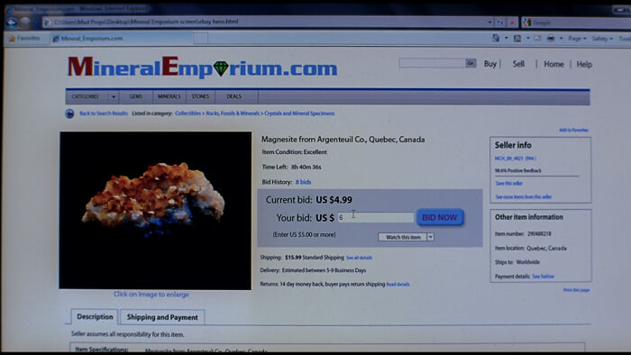 Breaking Bad, S4e1, Hank Is Bidding On Minerals On Mineralemporium.com.. From A Html File On His Computer Of Which His User Is Called "Mad Props"