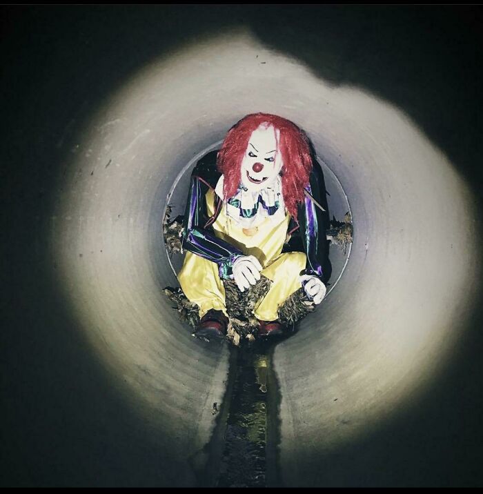 I See Your Empty Chair In A Storm Drain And Raise You This Clown I Saw While Geocaching After A 10 Minute Trek Underground