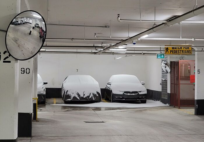 Car Parked In Underground Parking (P3) Covered In Snow Overnight
