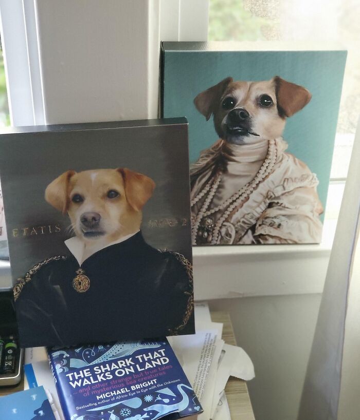 My Fiancé And I Got Each Other (Basically) The Same Gift. A Portrait Of Our Dog