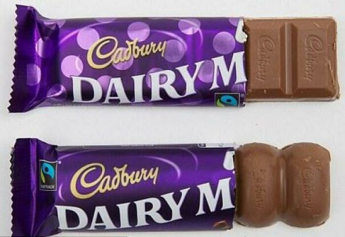 Cadbury utiliza la reduflacción para cortar literalmente las esquinas. La barra de chocolate inferior es más de un 8 por ciento más pequeña