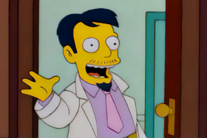 The Simpsons character Dr. Nick is waving and saying HI