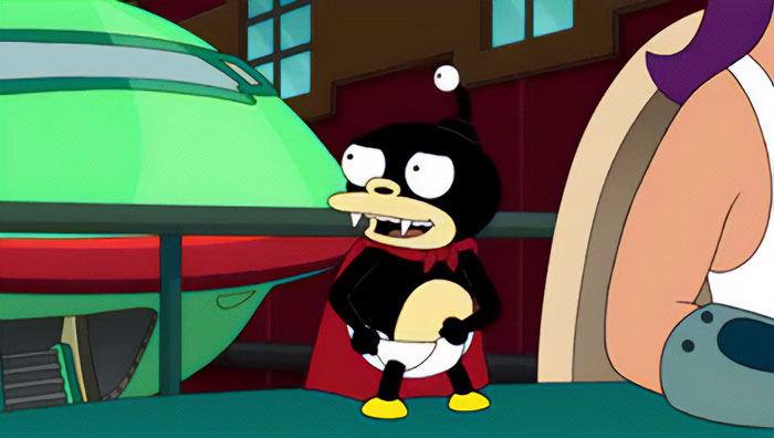Futurama character Nibbler is looking sideways