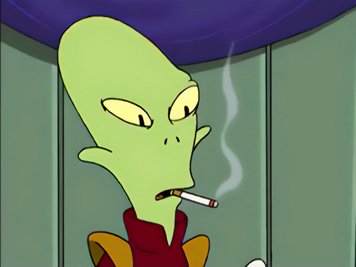Futurama character Kif Kroker is smoking a cigarette 