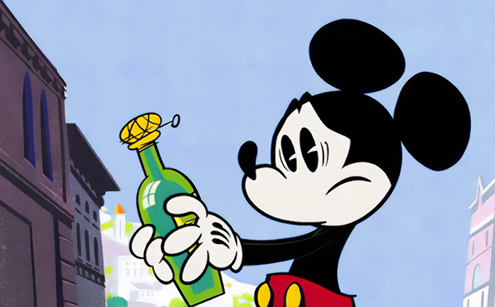 Mickey Mouse character Mickey Mouse is holding a bottle