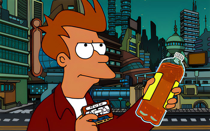Futurama character Fry is holding a cassette and a drink