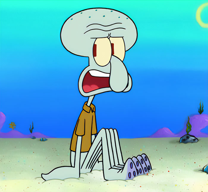 SpongeBob SquarePants character Squidward Tentacles speaks with dissatisfaction