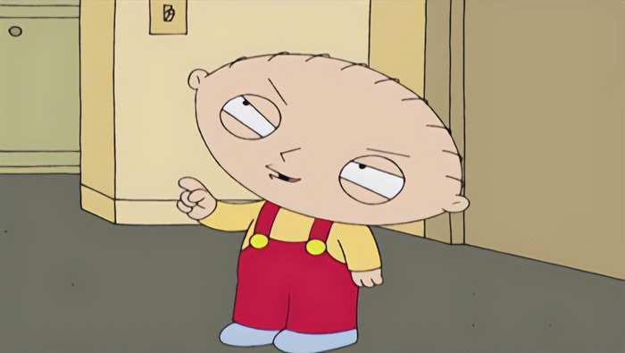 Family Guy character Stewie Griffin speaks and points finger