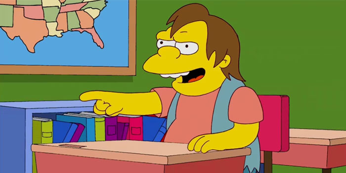 The Simpsons character Nelson Muntz laughs at something
