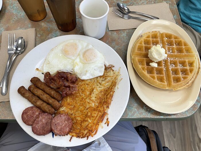 Hawaiian Style Café In Waimea Village, Hawaii. The Belgium Waffle Was A Side As In A Side Of Waffle Instead Of Toast!