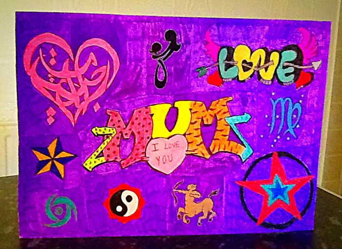 I Made This For My Mum Once For Mother’s Day (At Least 7-8 Years Ago) & Used Up Every Purple Felt-Tip Pen I Had For The Background Colour! I Used Her Star-Sign (Sagittarius) & Drew A Mother-Daughter Symbol, As Well As A Few Others. 😄💖🎨