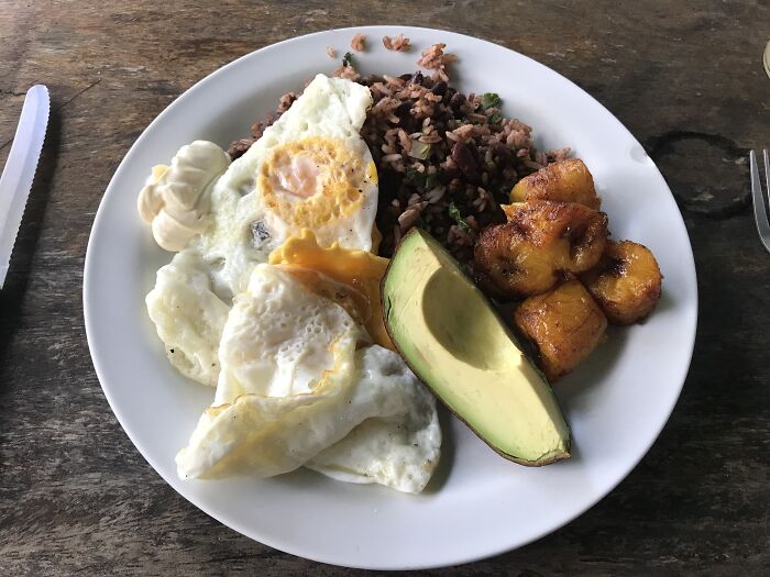 Costa Rican Breakfast: Rice And Beans, Fried Plantains, Egg And Avocado
