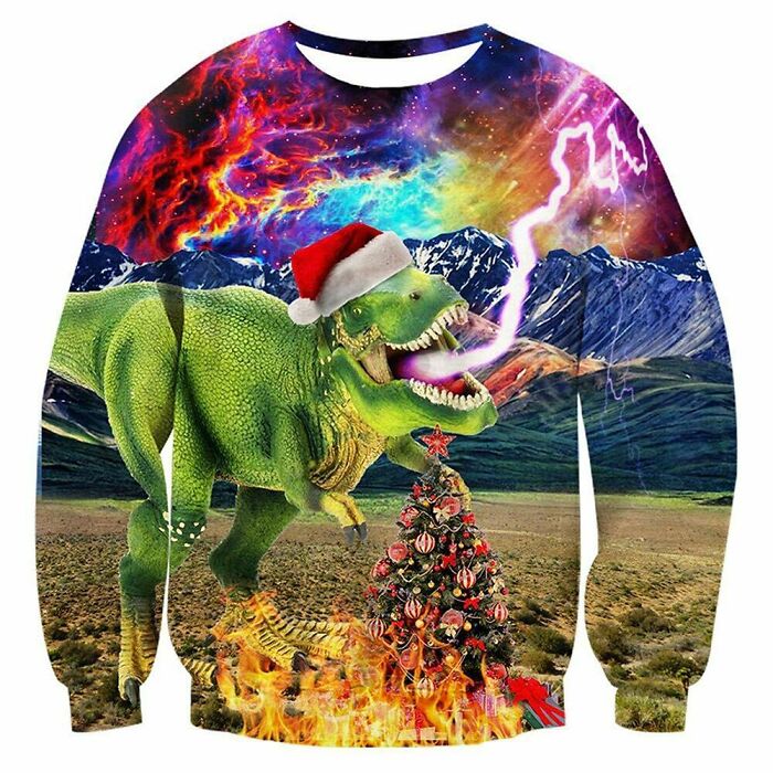 Suéter de Navidad de un dinosaurio navideño que dispara láseres