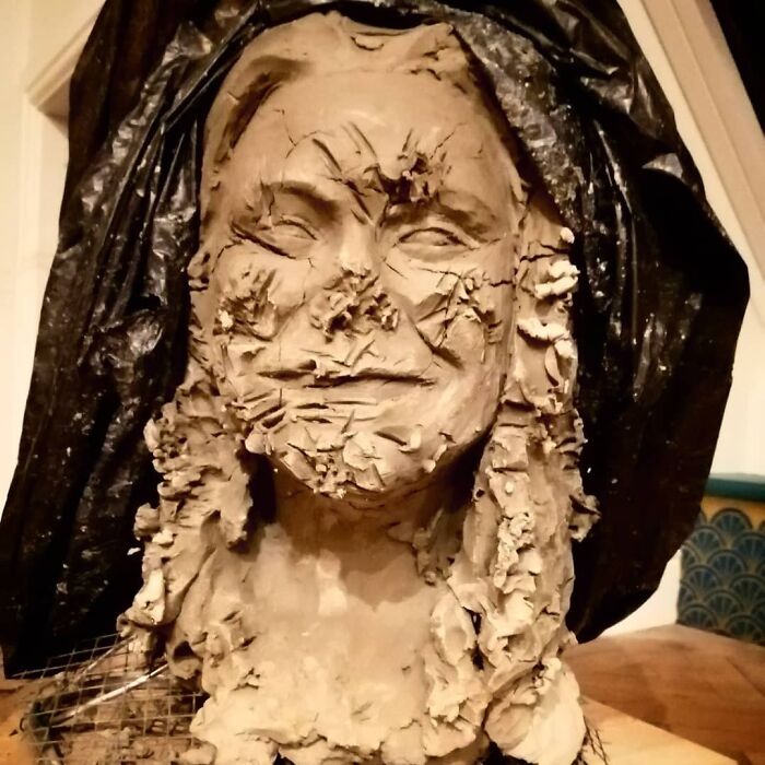 Cat Found A New Scratch Post In My Latest Portrait. Lesson Learned = Never Leave A Clay Portrait In The House With A Cat. Make A Good Horror Sculpture Though