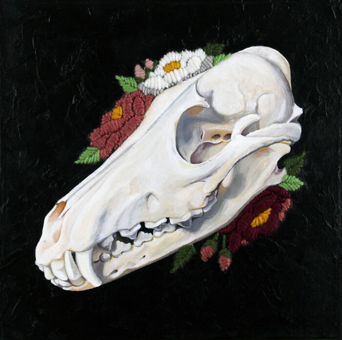 Mr Smiley - A Coyote Skull I Painted Then Embroidered Yarn Flowers Around