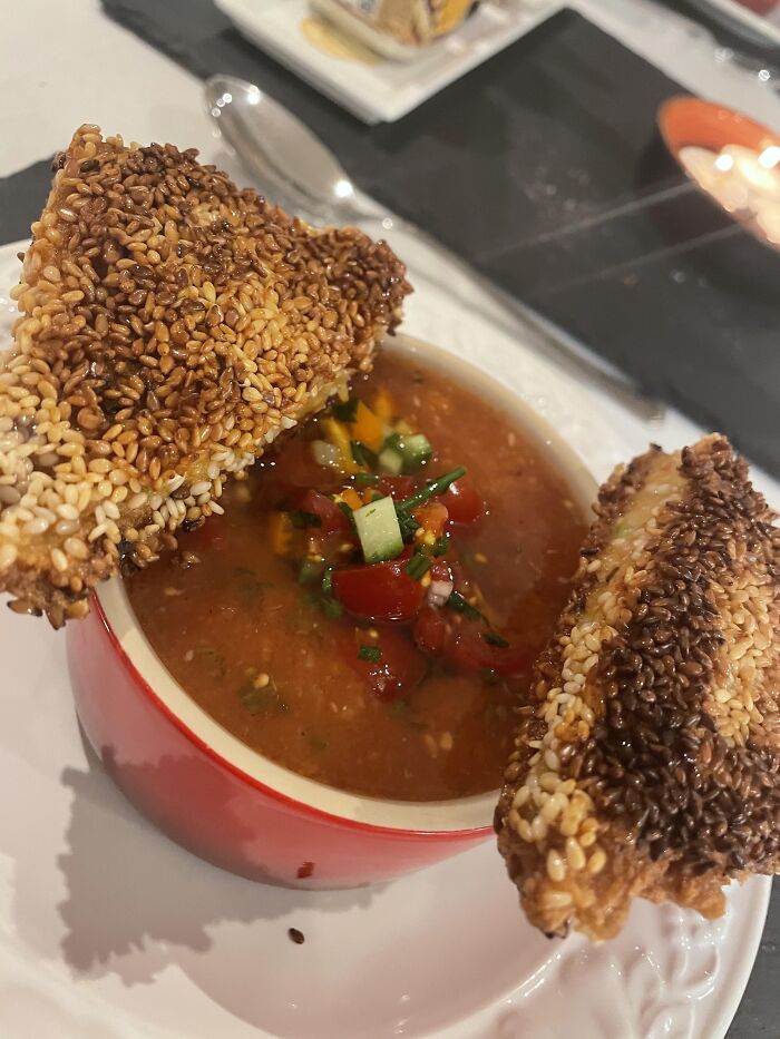 Sesame Prawn Toast And Spicy Gazpacho