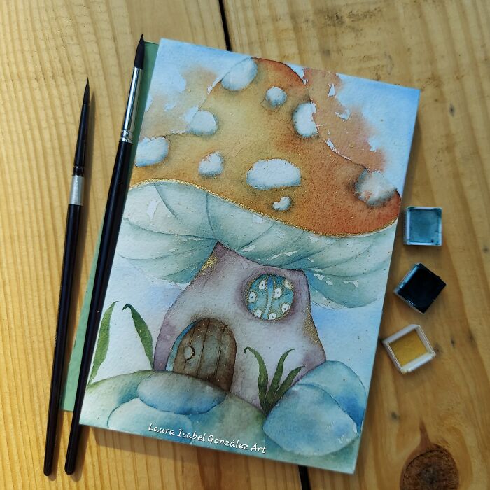 Watercolor Mushroom House! Handdrawn And Watercolored By Me!