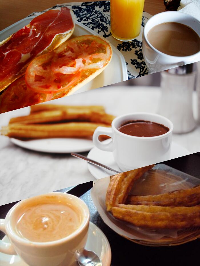 Spanish Breakfast: Toasted Bread With Tomato And Serrano Ham And Some Churros With Coffee Or Hot Chocolate