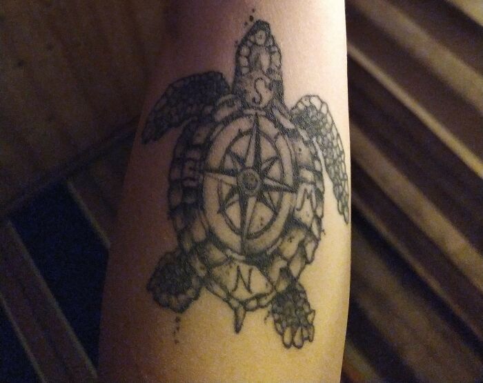 My First Tattoo, Next Will Come Soon. Normally There Are The Coordinates Of My Home In Front Of The Turtles Head (Don't Want To Share Them To Everyone, Sorry). First: I Love Turtles. Second: It's A Symbol Like The Turtles Come Back To Their Beach Where They Hatched And So I Will Always Find My Way Home Too, If I Need It Most