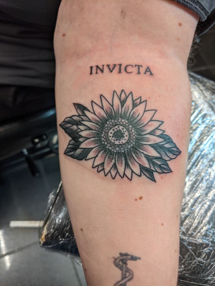 Invicta - Latin For "Unconquered." The Sunflower Is To Symbolize That Ptsd Hasn't Beaten Me And I'm Still Reaching For The Sun