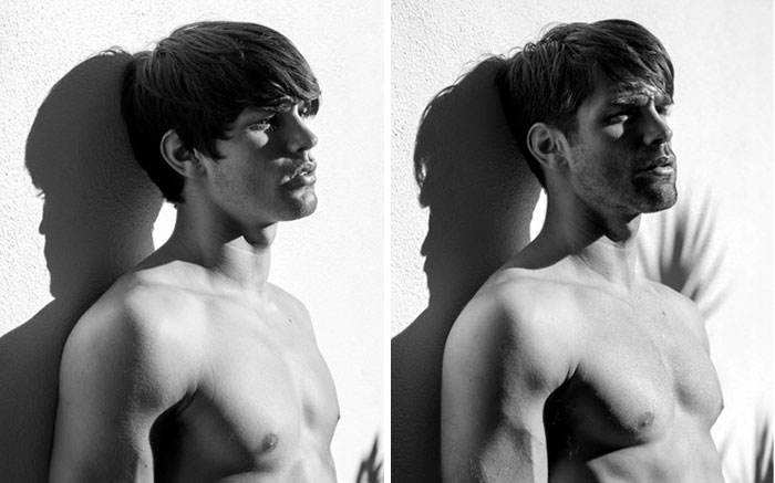 Este fotógrafo de celebridades retrata a modelos masculinos con décadas de diferencia (14 fotos)