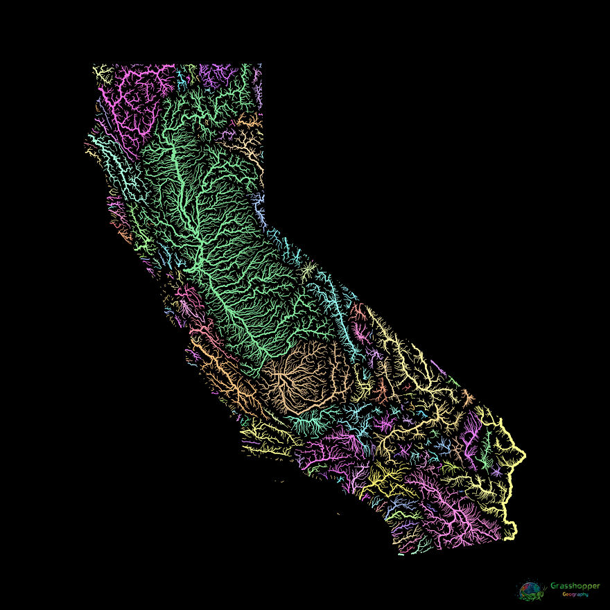 River Basin Map Of California In Pastel Colours