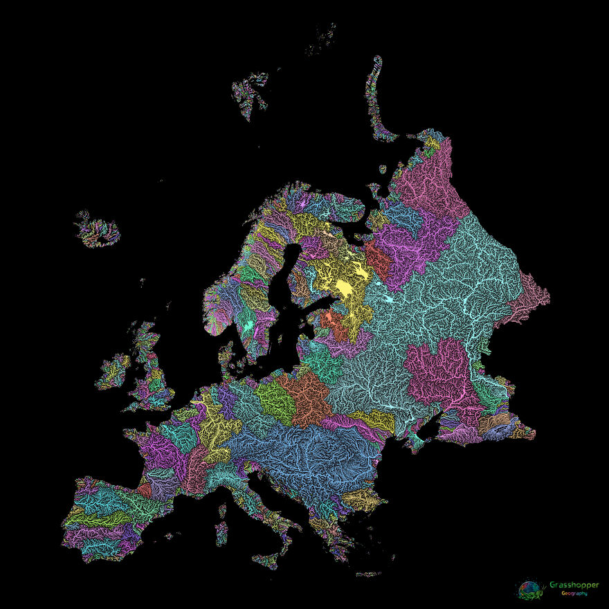 River Basin Map Of Europe In Pastel Colours