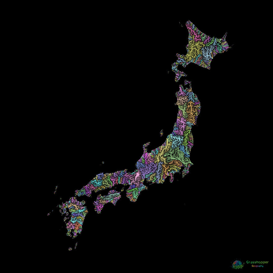 River Basin Map Of Japan In Pastel Colours