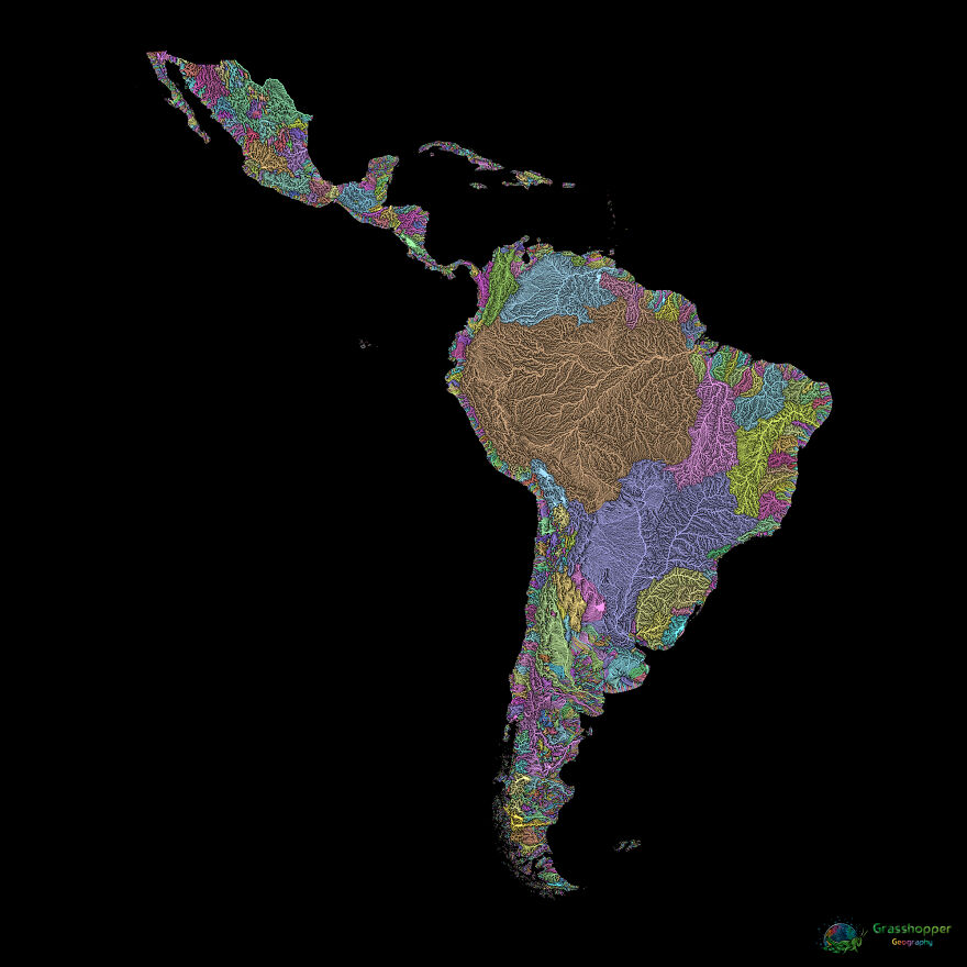 River Basin Map Of Latin America In Pastel Colours