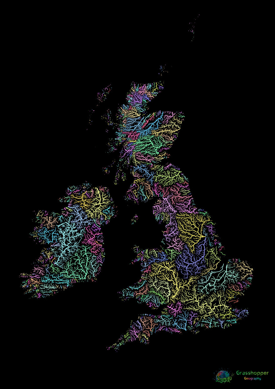 River Basin Map Of The British Isles In Pastel Colours