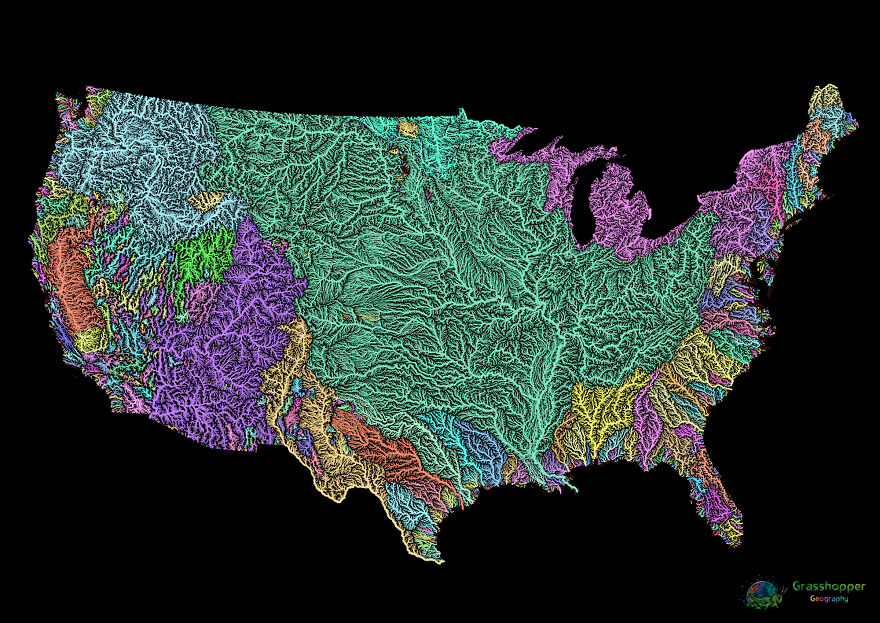 River Basin Map Of The Contiguous Us In Pastel Colours