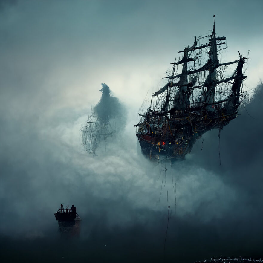 Ghostly fantasy ships emerge from thick fog over dark waters, showcasing the power of AI in creating a surreal, real-world-inspired scene.