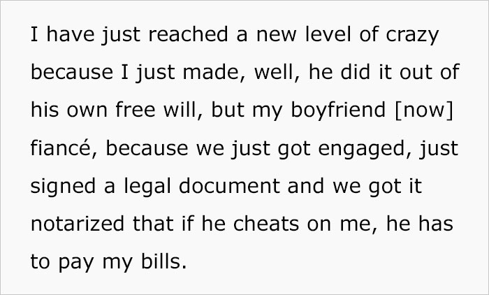 "I'm so smart, or so crazy, I don't know": woman reaches a legal agreement with her fiancé that if he cheats on her, he will have to pay her bills a 630cc87828414 700