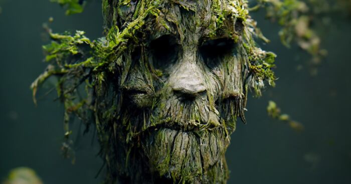 A fantasy world AI-created humanoid tree face covered in moss and leaves, blending real world natural elements.