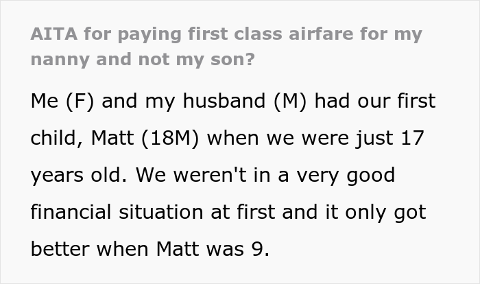 Teen Says Parents Shouldn't Have Bought Nanny A First-Class Ticket, Regrets It After They Put Him In Economy For Being So Elitist Teen Says Parents Shouldn't Have Bought Nanny A First-Class Ticket, Regrets It After They Put Him In Economy For Being So Elitist