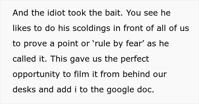 "Smallest Girl Out Of All Of Us Volunteered To Be The Bait": Employees Collect Evidence And Create A Plan To Get Rid Of Their Toxic Boss And Succeed "Smallest Girl Out Of All Of Us Volunteered To Be The Bait": Employees Collect Evidence And Create A Plan To Get Rid Of Their Toxic Boss And Succeed
