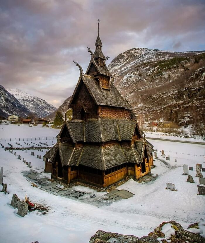 An 800-year-old church in Borgund, Norway, made entirely of wood with a single nail