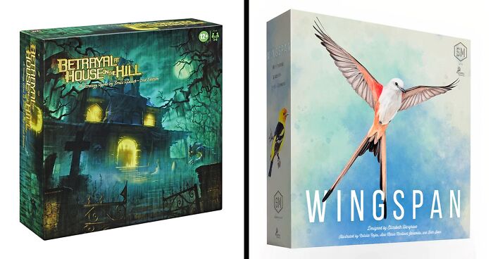 Two popular board games for a night in, Betrayal at House on the Hill and Wingspan, shown in their boxes.