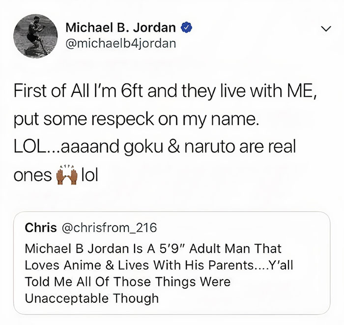 A Twitter User Said That Michael B. Jordan Is A Short Guy Who Likes Anime And Lives With His Parents. Michael Tweeted This Back