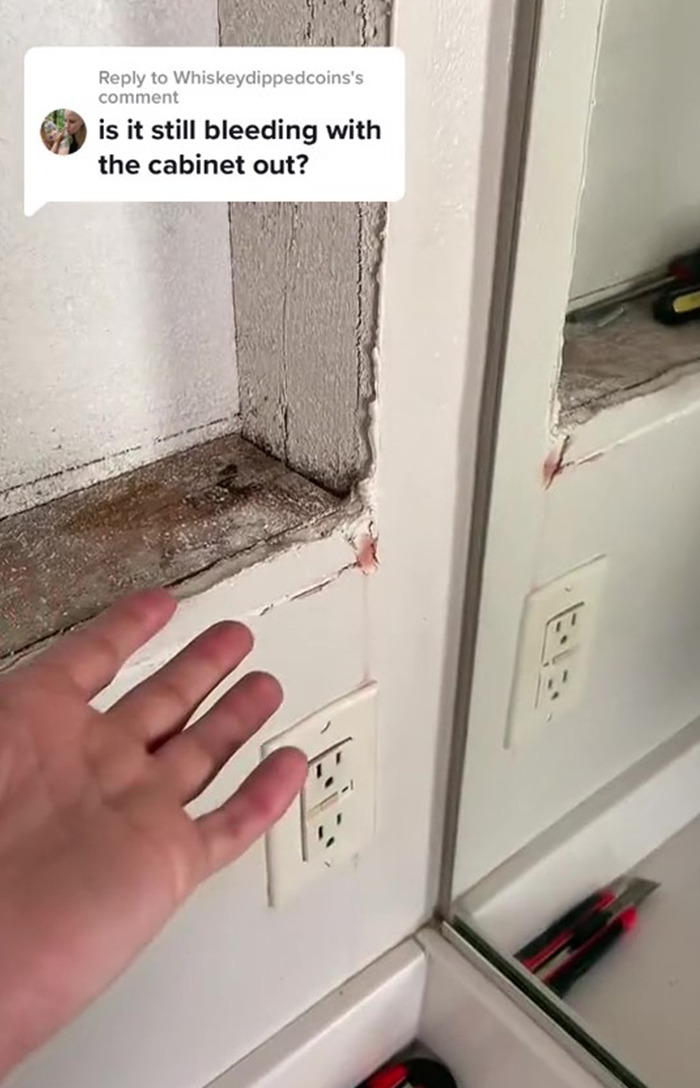 Woman Records Her Efforts To Find Out What Is The Cause Of Her Bathroom Cabinet “Bleeding”, Asks The Internet For Help Woman Records Her Efforts To Find Out What Is The Cause Of Her Bathroom Cabinet “Bleeding”, Asks The Internet For Help